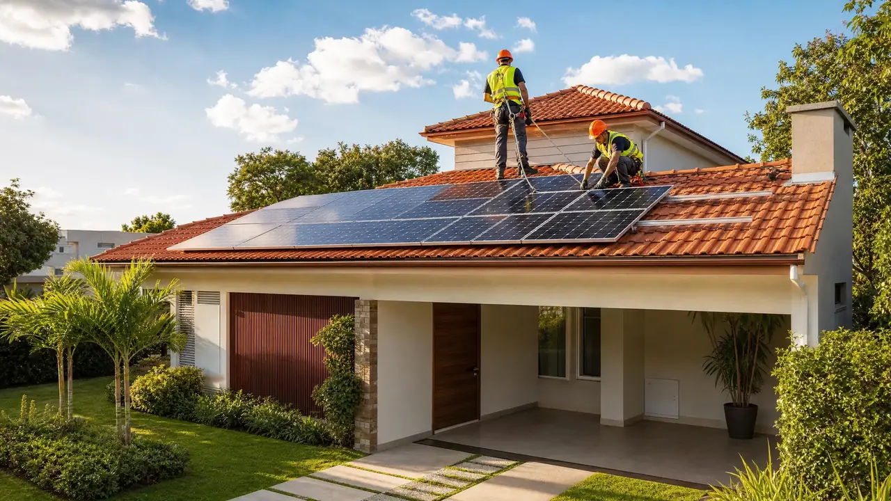 Técnicos da Implasolar instalando painéis solares em um telhado residencial em São Paulo